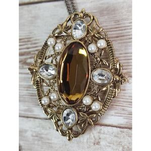 Vintage AVON Gold-tone Faux Pearl Amber Rhinestone Pin Brooch Pendant with Chain